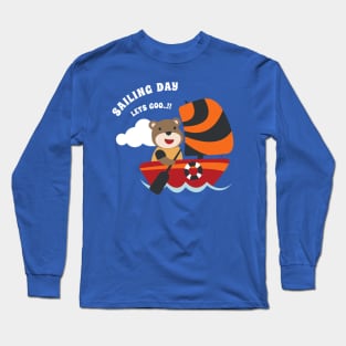 Funny bear sailor cartoon vector on little boat with cartoon style. Long Sleeve T-Shirt